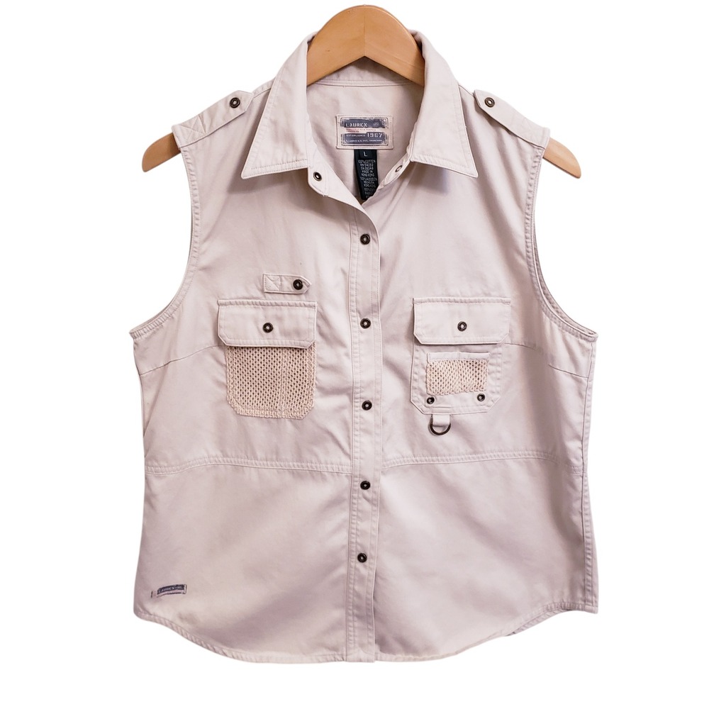 Vintage Lauren Ralph Lauren Utility Beige Cotton Vest w/ Mesh Pockets Sz Large